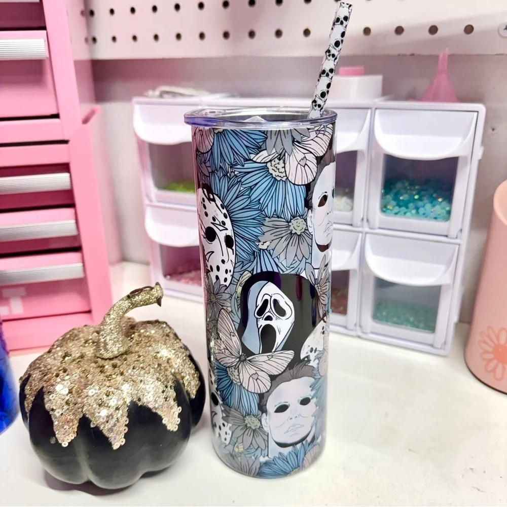 Floral Horror Tumbler with Skull Straw Spooky Halloween Fall Faces 20oz